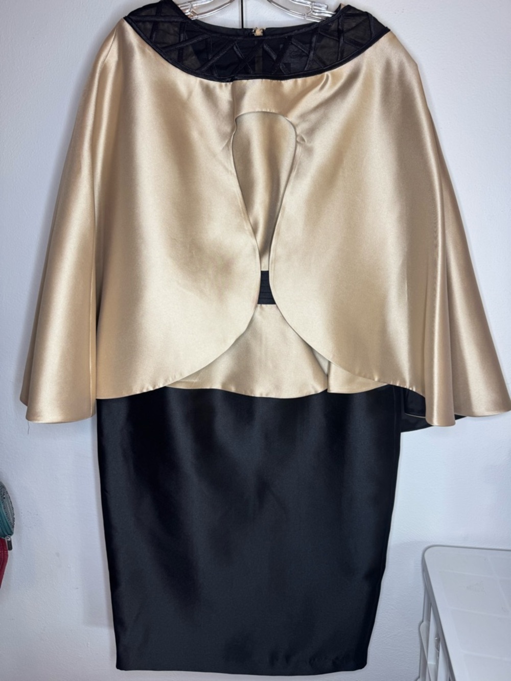 Elegant Two-Tone Satin Cape Dress in Gold and Black Especially Yours Formal 10